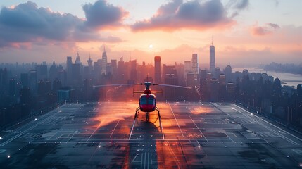 Helicopter Ready for Takeoff at City Heliport at Dawn. Red helicopter sits on a city heliport, poised for an early morning flight against a backdrop of urban skyline and sunrise.