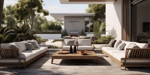 A chic and sophisticated contemporary exterior design leading into a modern living room sanctuary, with clean lines, minimalist decor, and luxurious finishes, all brought to life in a stunning 3D.