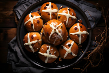 Cornmeal Hot Cross Buns, Sweet and spiced buns with a cornmeal twist and cross shaped icing - obrazy, fototapety, plakaty