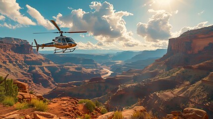 Fototapeta na wymiar Tour Helicopter Over Grand Canyon Landscape. Sightseeing helicopter hovers over the breathtaking landscape of the Grand Canyon, offering panoramic views to its passengers.