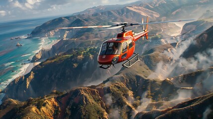 Scenic Coastline Helicopter Flight at High Altitude. Helicopter flies at high altitude over a...