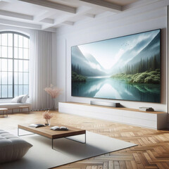 灰色のソファのある現代的な暗い部屋に、空白のテレビ画面が表示されます。テレビはリビング ルームにあり、画像は空の表示テンプレートを示すモックアップです。 - obrazy, fototapety, plakaty
