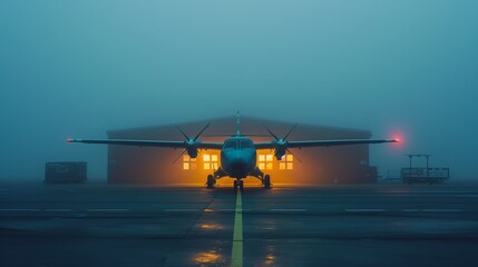 Aircraft Ready for Departure in Misty Airport Dawn. Stationary aircraft awaits takeoff on a foggy runway, with a warm glow from the airport hangar signaling the start of a new day. - obrazy, fototapety, plakaty