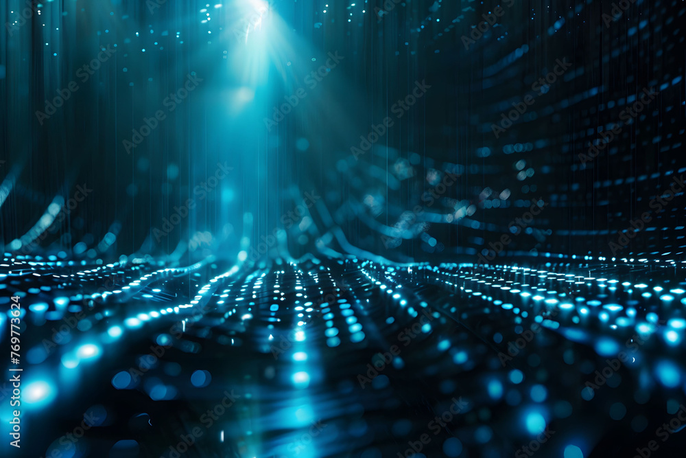 Poster abstract digital background with blue binary code and light streaks on black background, symbolizing