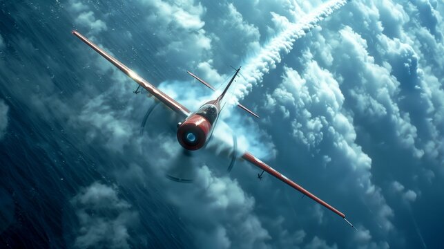 Aerobatic Plane Performing High-Speed Maneuvers in Sky. Aerobatic plane executes high-speed maneuvers with precision, leaving a trail of smoke against the dramatic backdrop of cloud formations.