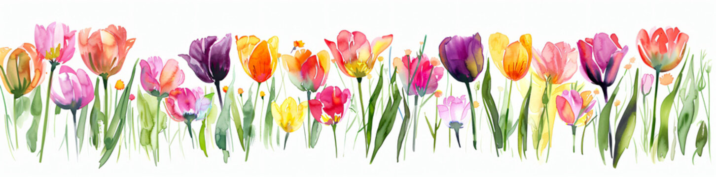Vibrant watercolor painting of a row of tulips in a panoramic format, for elegant banner design