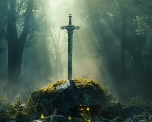 A legendary sword in a stone awaiting the true king in a clearing surrounded by ancient oaks and mist the dawn light breaking through - obrazy, fototapety, plakaty
