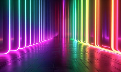 3d animation, abstract neon background with vertical lines, glowing colorful spectrum, Generative AI 