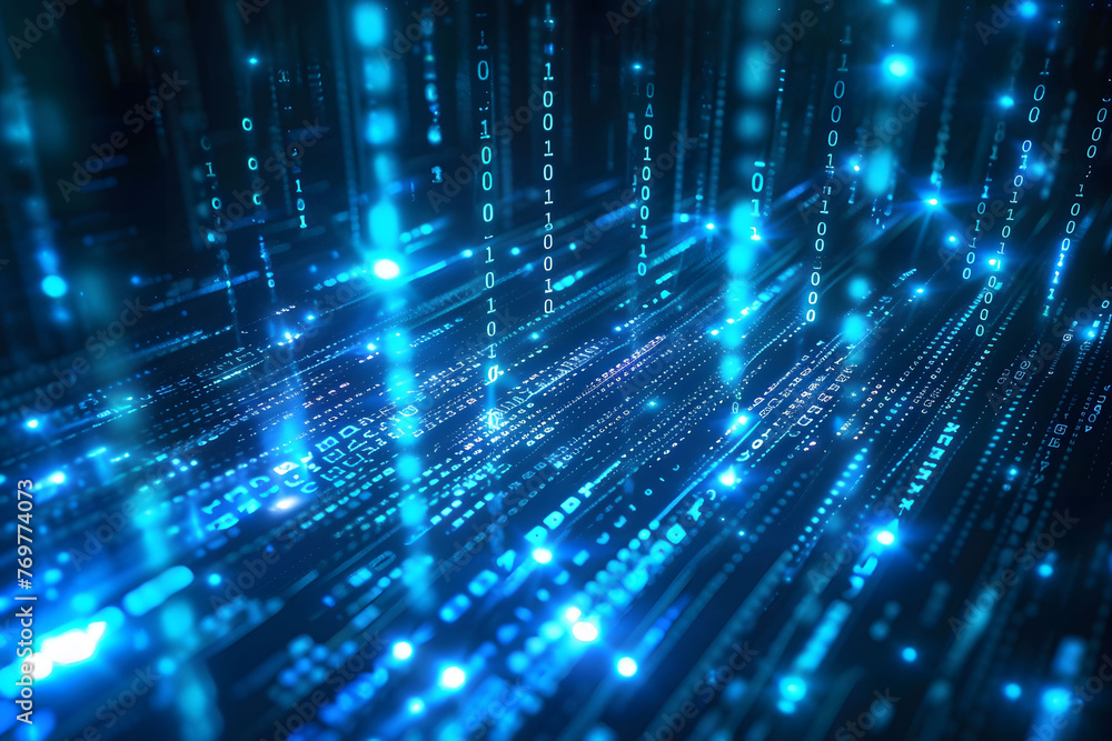 Poster abstract digital background with blue binary code and light streaks on black background, symbolizing
