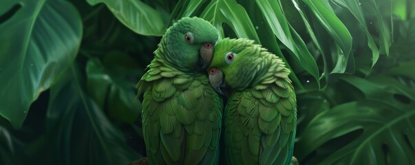 Two green parrots cuddling in the jungle