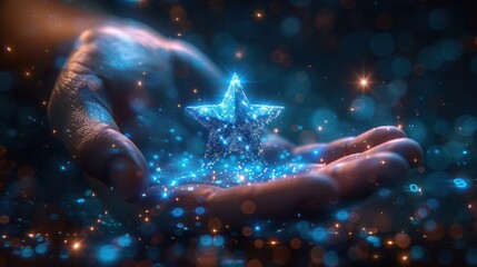 Digital star in abstract hand. Success concept.