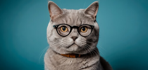 Happy Cat Face Wearing Glasses: AI Generative Art on a Solid Light Blue Background.