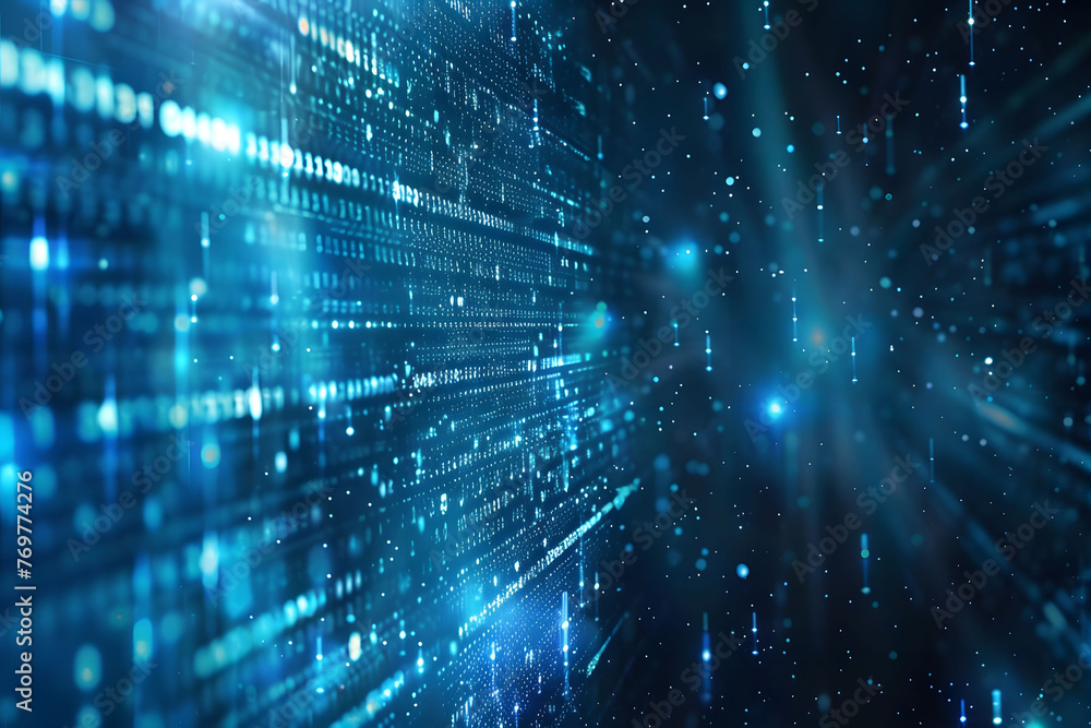 Poster abstract digital background with blue binary code and light streaks on black background, symbolizing