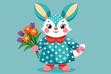cartoon fashionable bunny in a polka dot dress hol - obrazy, fototapety, plakaty