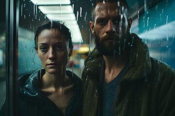 Man and a woman couple are waiting for a public transport bus at a city stop during bad weather rain and downpour thunderstorms. - obrazy, fototapety, plakaty