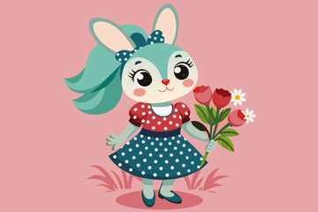 cartoon fashionable bunny in a polka dot dress hol - obrazy, fototapety, plakaty