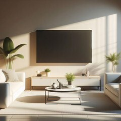 灰色のソファのある現代的な暗い部屋に、空白のテレビ画面が表示されます。テレビはリビング ルームにあり、画像は空の表示テンプレートを示すモックアップです。