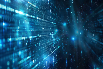 Abstract digital background with blue binary code and light streaks on black background, symbolizing technology and data transfer in cyberspace. This represents the flow of data in computer networks.