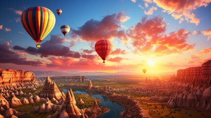 Hot Air Balloons Flying Over a Valley