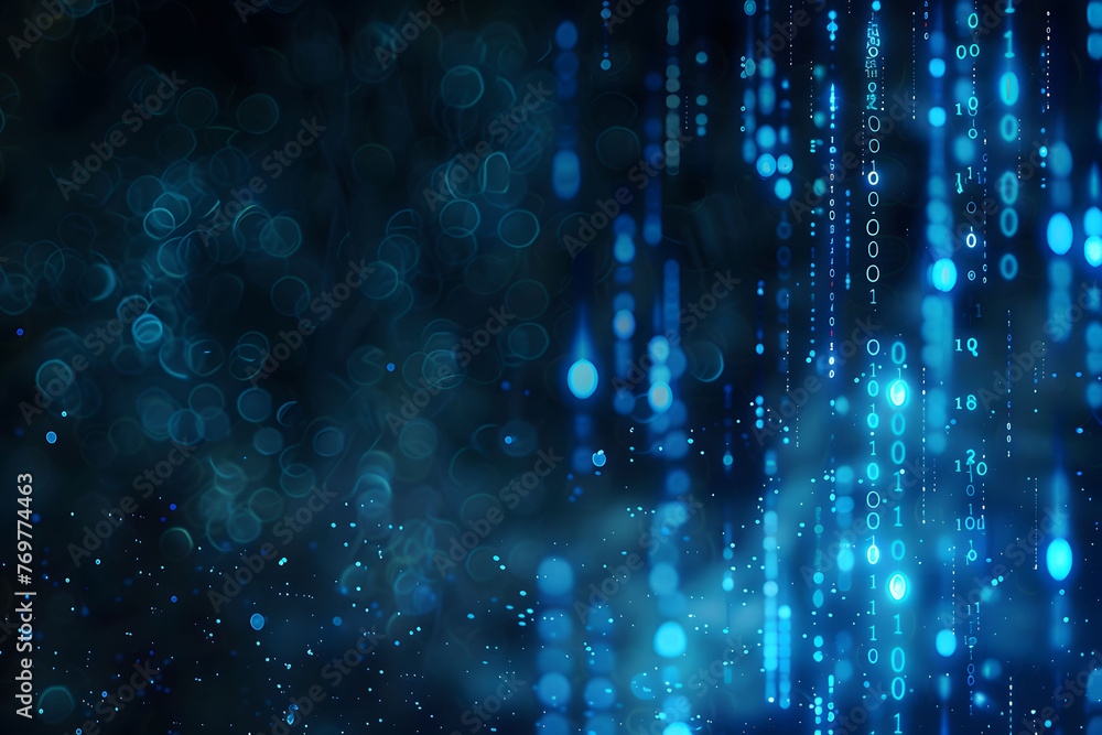 Poster abstract digital background with blue binary code and light streaks on black background, symbolizing