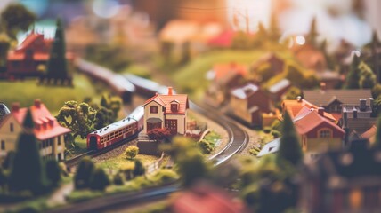 A miniature train passing through a detailed small-scale model town with houses and greenery. - obrazy, fototapety, plakaty
