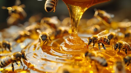 A golden honey swirl dripping from a wooden dipper, with bees buzzing - obrazy, fototapety, plakaty