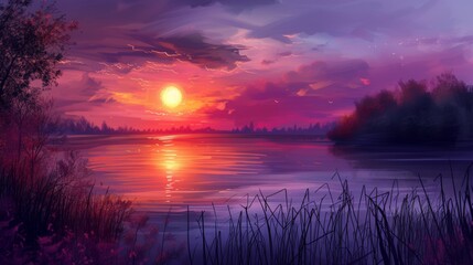 Obraz premium Serene lake sunset with vibrant colors