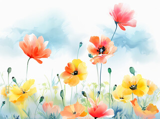Obraz premium Artistic illustration of vibrant poppies, wildflowers with a soft, pastel sky backdrop
