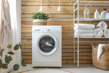 Cozy home laundry room with a white washing machine. AI generative - obrazy, fototapety, plakaty