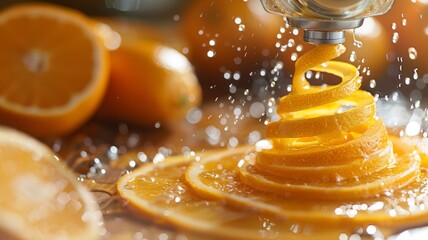 A juicer squeezing out a spiral of orange juice, with a twist peel - obrazy, fototapety, plakaty