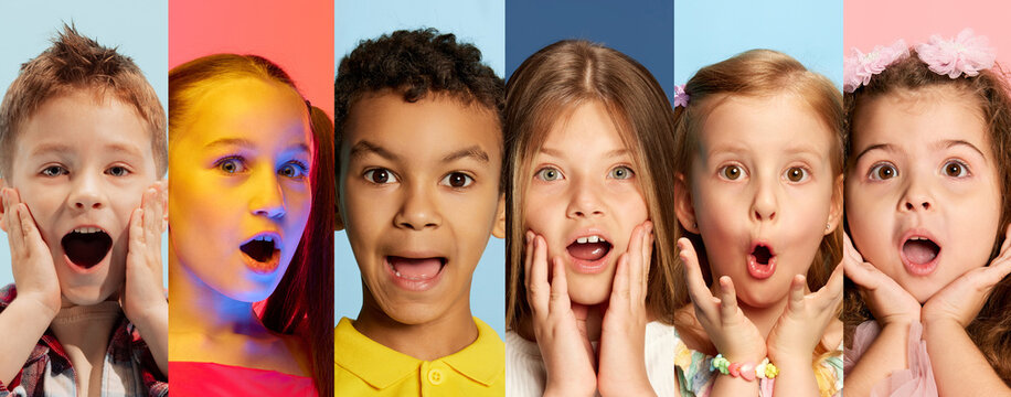 Wow collage. Close up portrait of cute, surprised children of different races and genders against multicolored studio background. Concept of human emotions, childhood, style, beauty, education.
