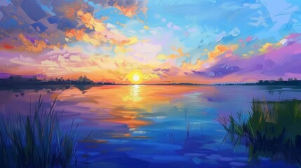 Obraz premium Impressionist style sunset over water