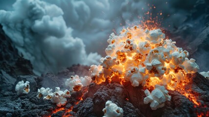 Volcano erupting with popcorn in a cinematic setting - obrazy, fototapety, plakaty