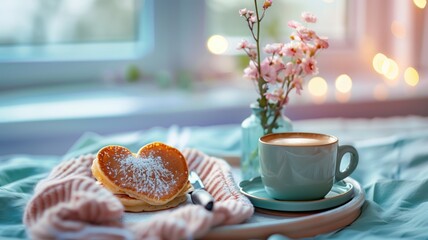 A cozy breakfast set up with a heart-shaped pancake and cup of coffee on bed, accompanied by soft lighting flowers. - obrazy, fototapety, plakaty
