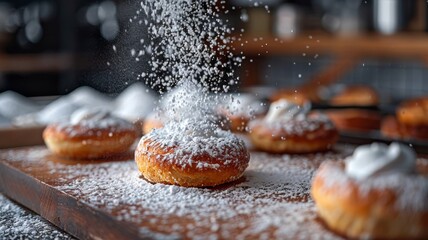 A burst of powdered sugar being sifted over fresh pastries - obrazy, fototapety, plakaty