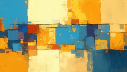 Abstract painting with blue, yellow and red color blocks