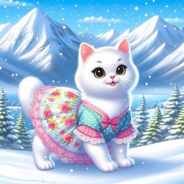 A cute cat wondering in snowy mountains