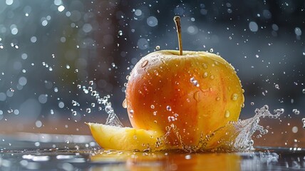 A crisp apple being sliced in mid-air, with droplets of juice splashing - obrazy, fototapety, plakaty