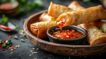 A crisp spring roll being dipped into a bowl of sweet and sour sauce