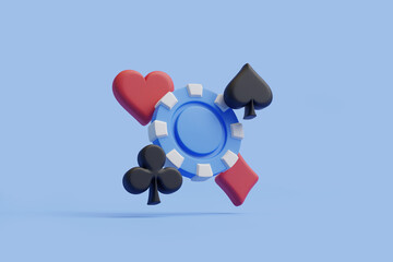Naklejka na ściany i meble A single blue casino chip surrounded by red heart, black club, and spade symbols on a bright blue background, symbolizing card games and betting. 3D render illustration