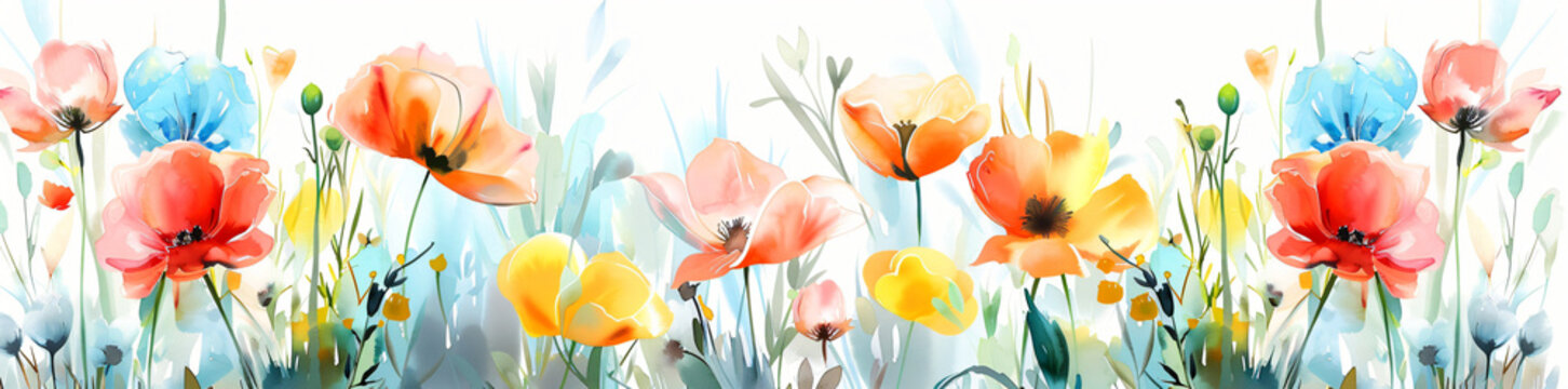 Artistic illustration of vibrant poppies, wildflowers with a soft, pastel sky banner backdrop