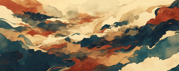 abstract watercolor painting of the sky, surrealistic clouds and mountains