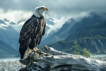 A Bald Eagle perches atop driftwood. - obrazy, fototapety, plakaty