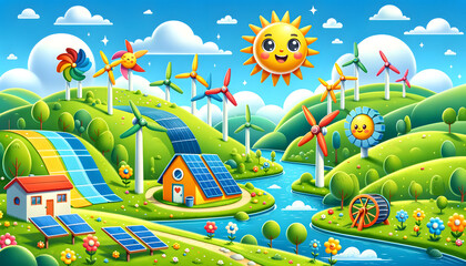 Obraz na płótnie Canvas A bright and colorful landscape showcasing different forms of clean energy in a whimsical, child-friendly style. The scene includes a bright blue sky.