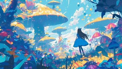 Cartoon drawing inspired by wonderland with a girl walking through tha mushroom forest. 
