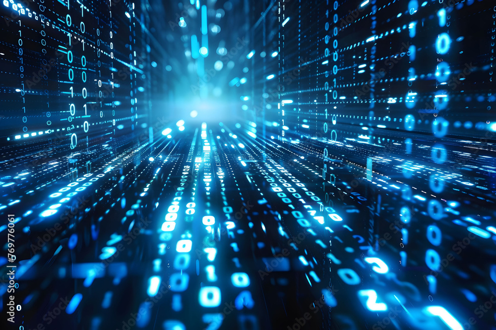 Poster abstract digital background with blue binary code and light streaks on black background, symbolizing