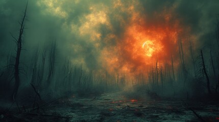 Apocalyptic landscape with fiery sky and dead trees - obrazy, fototapety, plakaty
