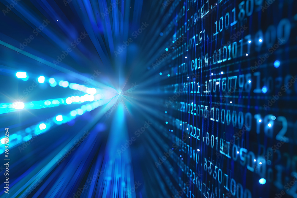 Poster abstract digital background with blue binary code and light streaks on black background, symbolizing