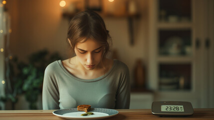 An unhappy depressed girl with a small piece of food on the plate. Eating disorder, anorexia, bulimia or dieting problem. No appetite. - obrazy, fototapety, plakaty