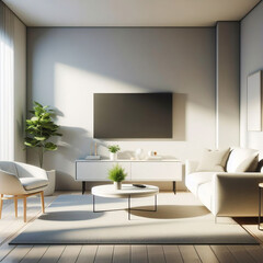 Televisi&oacute;n colocada sobre una mesa de madera con soporte para televisi&oacute;n, en un espacio vac&iacute;o m&iacute;nimo, sala de estar, fondo de pared blanca.